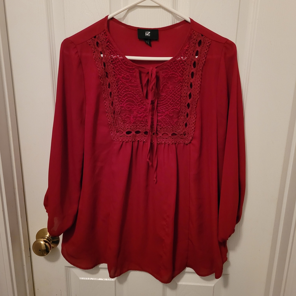 Iz Byer Women's Deep Red Lace Accent Blouse